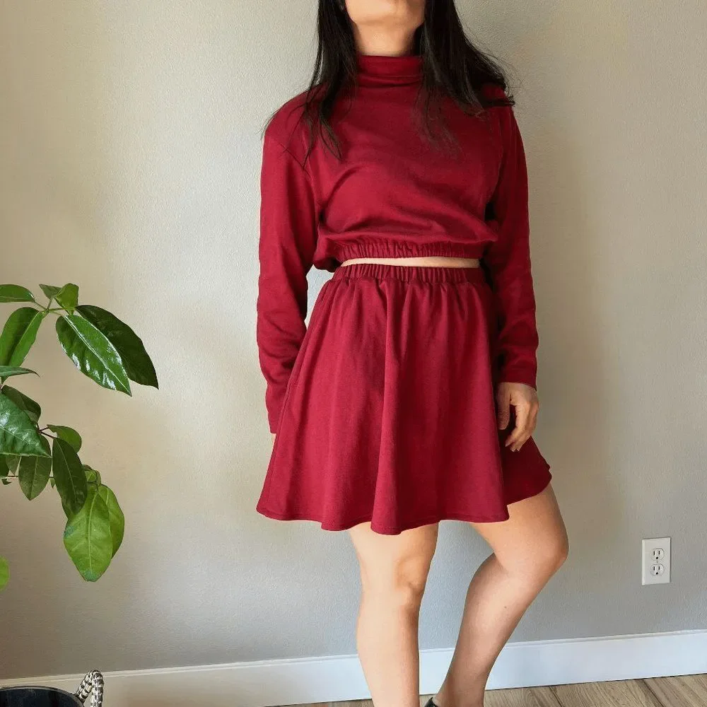 vtg 90s Lands end upcycled reowrked 2 piece skirt crop top set red‎ knit small